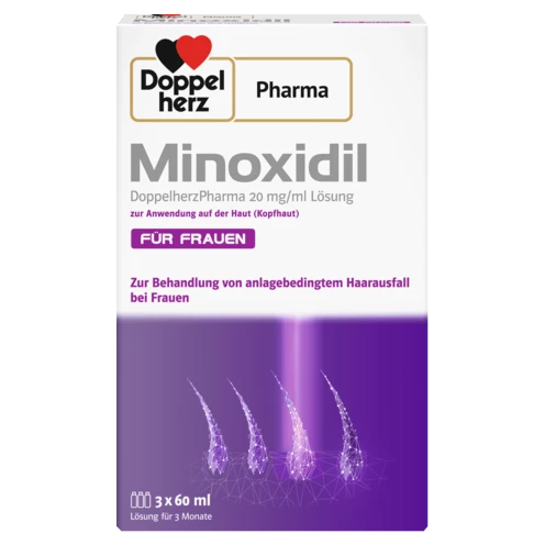 Abbildung der Produktverpackung DoppelherzPharma Minoxidil DoppelherzPharma 20 mg/ml Lösung zur Anwendung auf der Haut (Kopfhaut)  Frontansicht